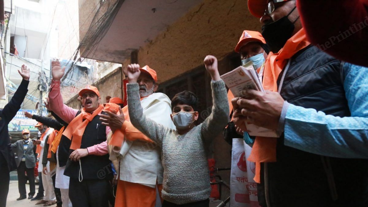 VHP VHP and RSS members at their Ram Mandir donation drive in Naraina, Delhi | Photo: Manisha Mondal/ThePrint.