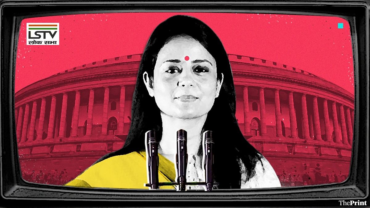 MP Mahua Moitra wearing a bright pink and green saree as she arrived in  Parliament. She took a jibe at public broadcaster Sansad TV, saying…