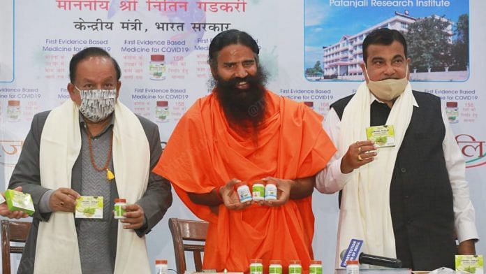 (From left) Health Minister Harsh Vardhan, Yoga guru Ramdev and Union Minister Nitin Gadkari during the press conference on Coronil Friday | Manisha Mondal | ThePrint