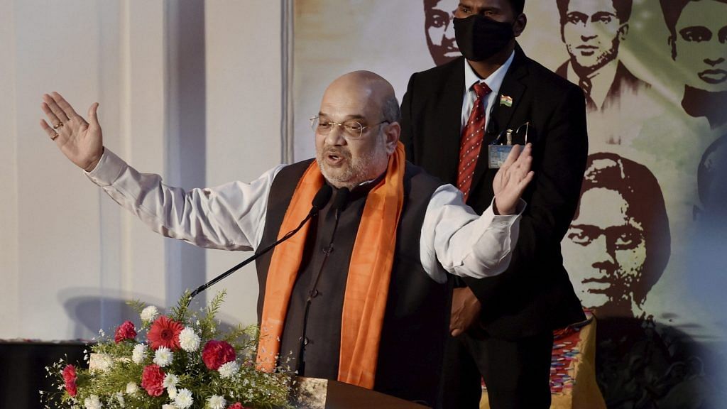Union Home Minister Amit Shah addresses after inauguration of the 'Shauryanjali Programme' - a tribute to the Bengali revolutionaries, in Kolkata, Friday, 19 Feb., 2021. | PTI
