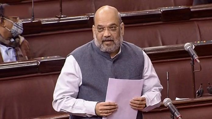 Union Home Minister Amit Shah speaks in the Rajya Sabha during ongoing Budget Session of Parliament, in New Delhi, Tuesday, Feb. 9, 2021. | PTI