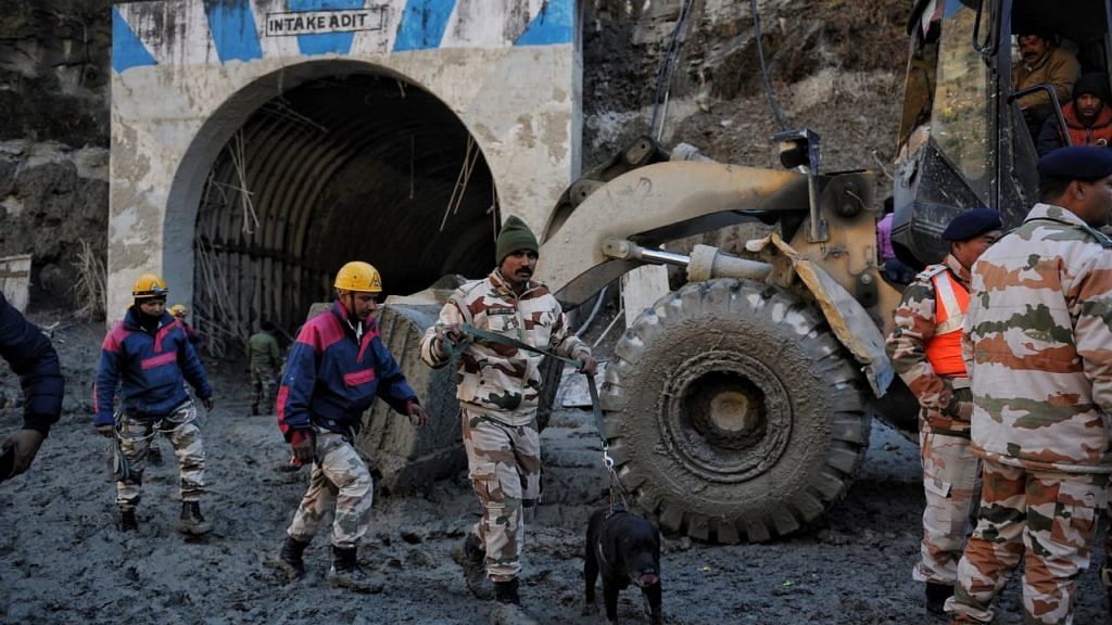 Rescue work underway at the Tapovan tunnel in Chamoli district, Uttarakhand, on 8 February 2021