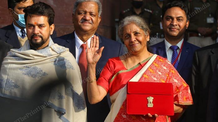 Finance Minister Nirmala Sitharaman with Minister of State for Finance Anurag Thakur before presenting the Budget on 1 February, 2021 | Photo: Suraj Singh Bisht | ThePrint