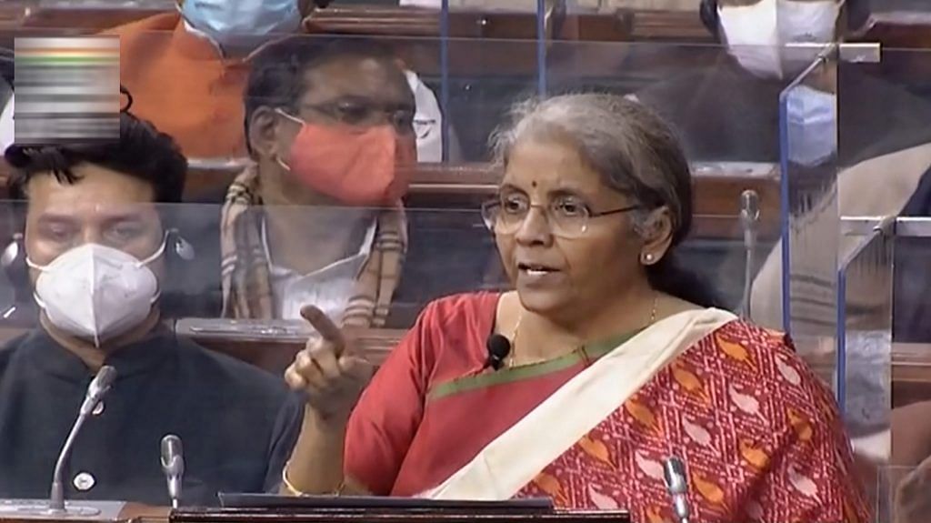 Union Finance Minister Nirmala Sitharaman speaks at Lok Sabha during the Budget Session of the Parliament, in New Delhi, Monday, Feb. 1, 2021. | PTI