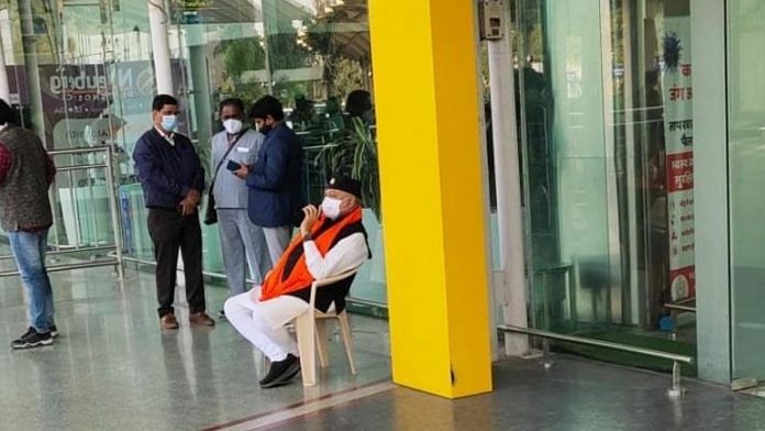 Prahlad Modi during his sit-in protest at the Lucknow Airport on 3 February 2021. | Photo: Special arrangement