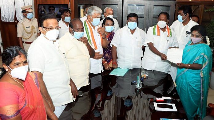 Ousted Puducherry chief minister V.Narayanasamy submits his resignation letter to Lt. Governor Tamilisai Soundararajan, on 22 February 2021 | ANI Photo