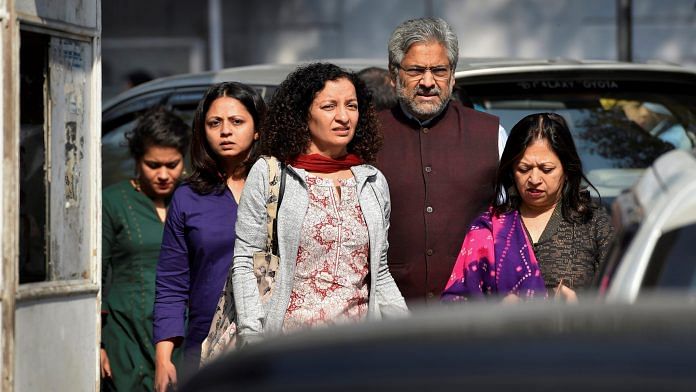 File photo of Priya Ramani (front left) outside the Patiala House Court in New Delhi | PTI Photo