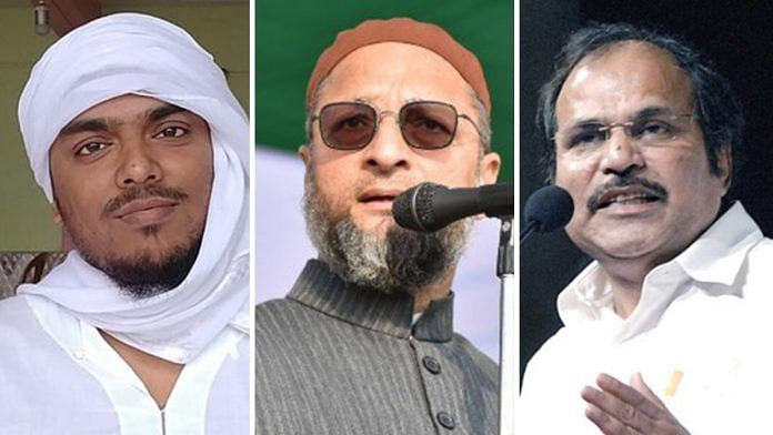 (L-R) Furfura Sharif cleric Abbas Siddiqui, AIMIM chief Asaduddin Owaisi and West Bengal Congress chief Adhir Ranjan Chowdhury | Via Twitter & Wikipedia
