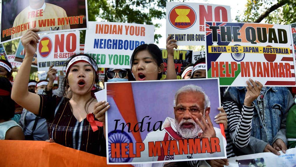 Representational image of Myanmarese refugees urging India to help their country after the military overthrew the civilian government on 1 February | Photo: ANI