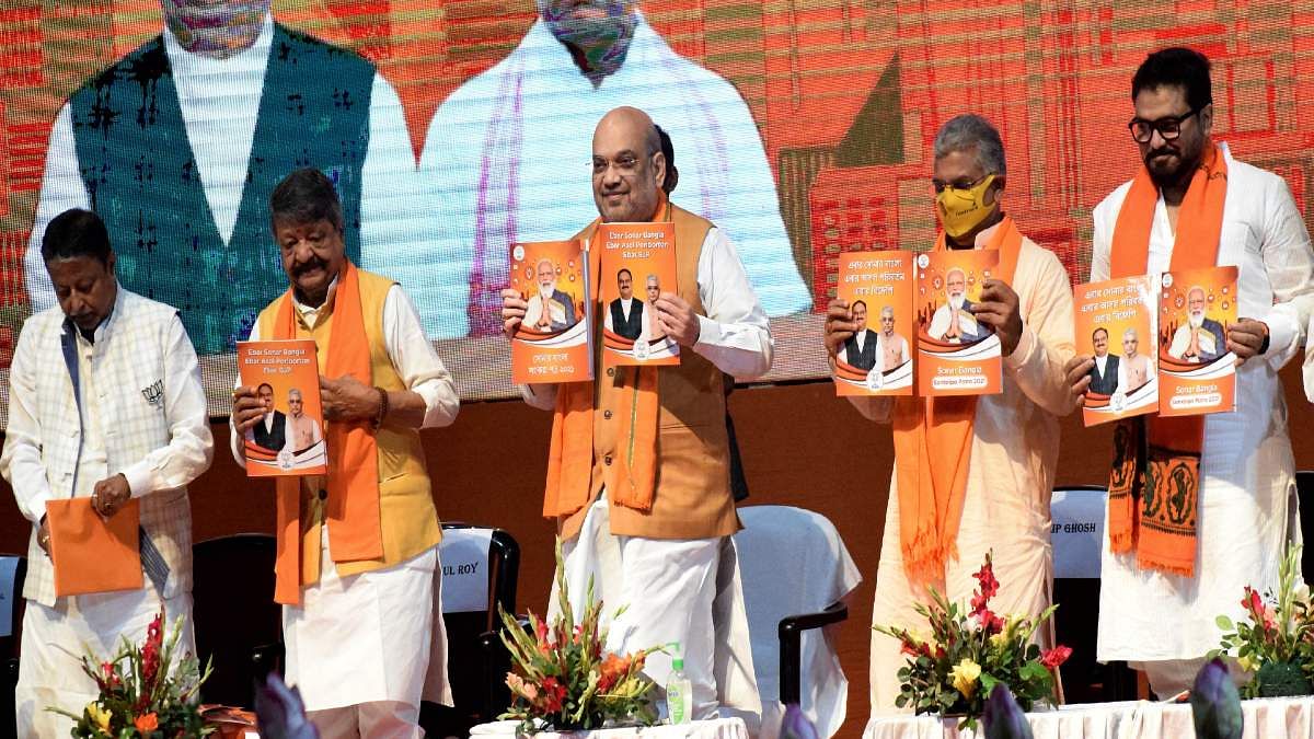 Union Home Minister Amit Shah and other BJP leaders release the BJP manifesto for the upcoming West Bengal elections in Kolkata Sunday | ANI