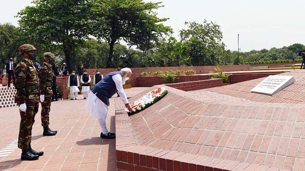 PM Narendra Modi pays tribute at the National Martyrs' Memorial in Dhaka Friday | ANI