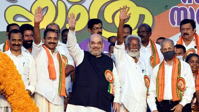 Union Home Minister Amit Shah during 'Vijaya Yatra' for the upcoming state assembly polls, at Shangumugham Beach in Thiruvananthapuram, on 7 March 2021 | PTI Photo
