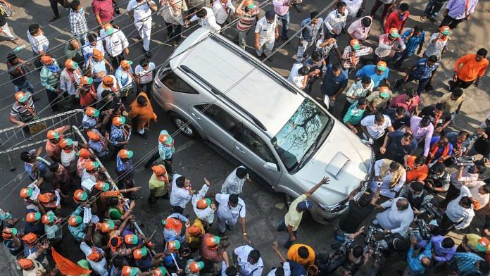 BJP workers protest against selection of candidates for the upcoming West Bengal assembly polls, outside BJP election office in Kolkata on 15 March 2021 | PTI