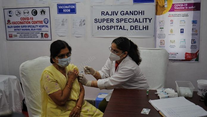 A senior citizen is getting the Covid vaccine at Rajiv Gandhi Super Specialty Hospital in New Delhi | Photo: Suraj Singh Bisht