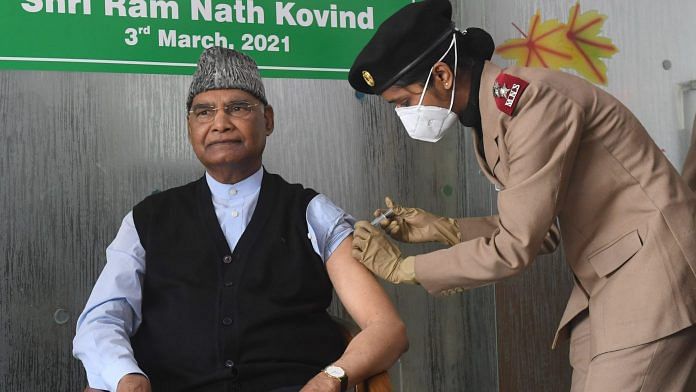 President Ram Nath Kovind getting the first dose of COVID-19 vaccine at the Army R&R Hospital, Delhi on 3 March, 2021 | Twitter
