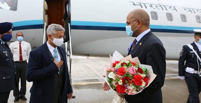 Ambassador H.E. Viraj Singh greets External Affairs Minister S Jaishankar on his arrival in Dushanbe on 29 March, 2021 | Twitter