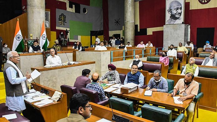 Haryana Chief Minister Manohar Lal Khattar speaks on the No Confidence Motion during the Budget Session of Haryana Assembly, in Chandigarh, on 10 March 2021 | PTI Photo