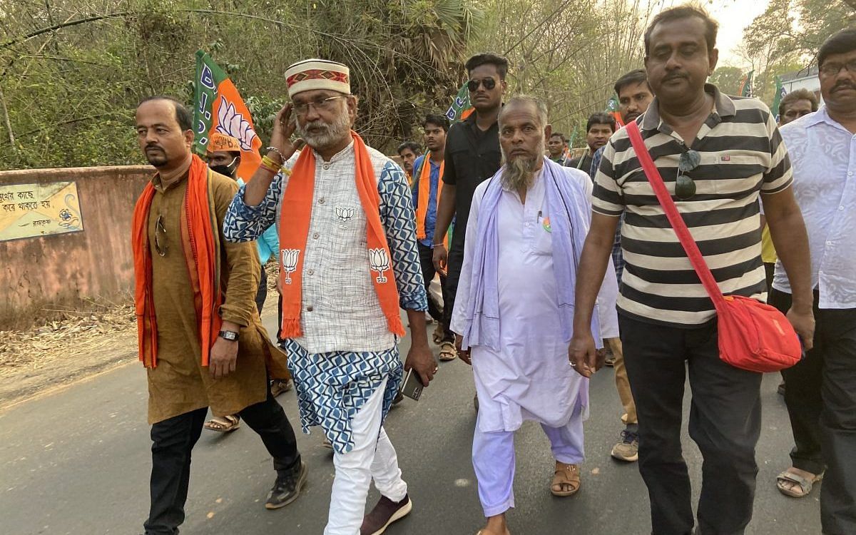 Sukhomoy Satpaty (wearing cap), the BJP candidate at Jhargram and the party’s district president | Photo: Madhuparna Das/ThePrint