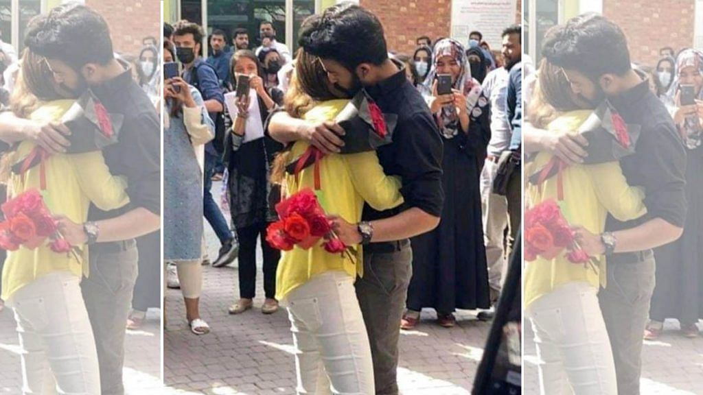 A still from the viral video of two students hugging on the campus of Lahore University | Twitter