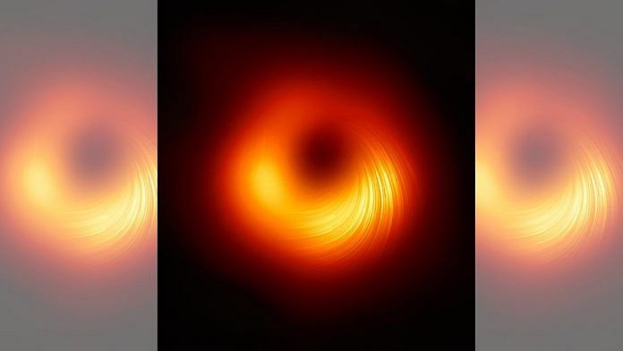 A view of the M87* supermassive black hole in polarised light. This is the first time astronomers have been able to measure polarisation, a signature of magnetic fields, this close to the edge of a black hole. Image: EHT Collaboration