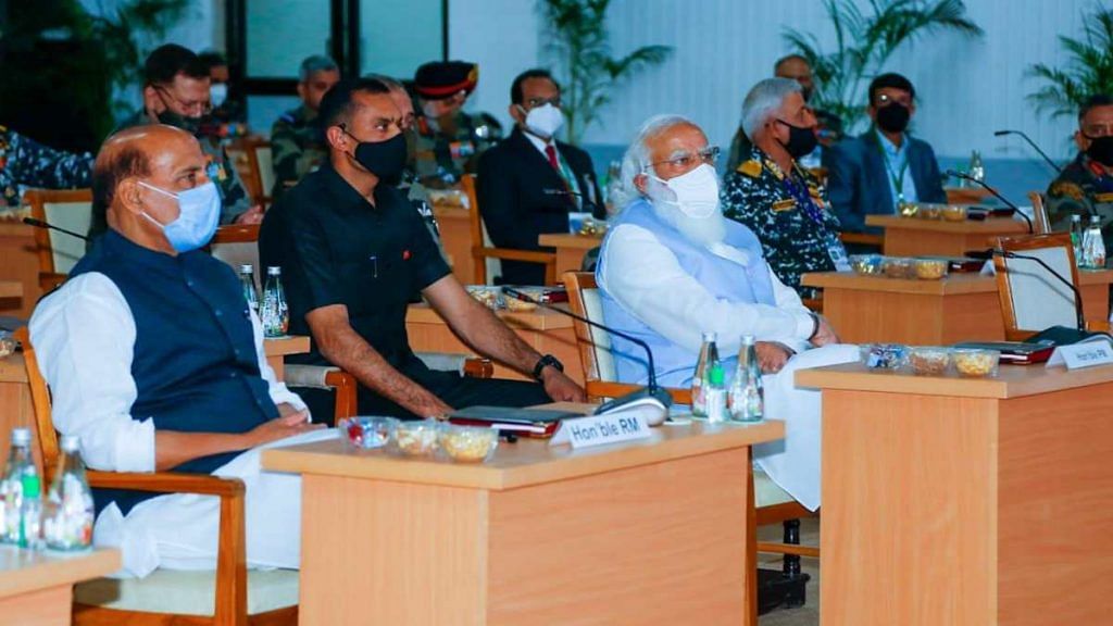 Prime Minister Narendra Modi and Defence Minister Rajnath Singh at Combined Commanders Conference in Gujarat's Kevadia on 6 March 2021 | PIB