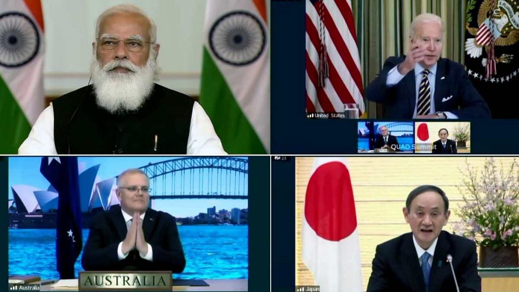 Prime Minister Narendra Modi takes part in the First Quad Leaders’ Virtual Summit with US President Joe Biden, Australian PM Scott Morrison and Japanese PM Suga, in New Delhi on 12 March 2021 | ANI