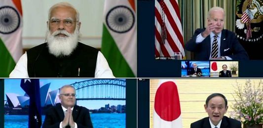 Prime Minister Narendra Modi takes part in the First Quad Leaders’ Virtual Summit with US President Joe Biden, Australian PM Scott Morrison and Japanese PM Suga, in New Delhi on 12 March 2021 | ANI