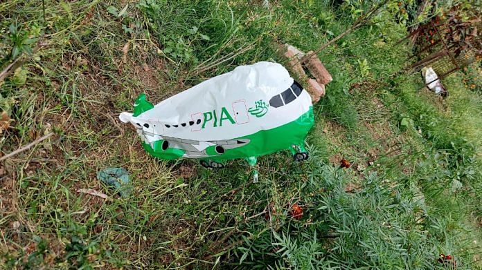 An aircraft-shaped balloon with 'PIA' written on it recovered by J&K Police at Bhalwal, in Jammu on 16 March | ANI