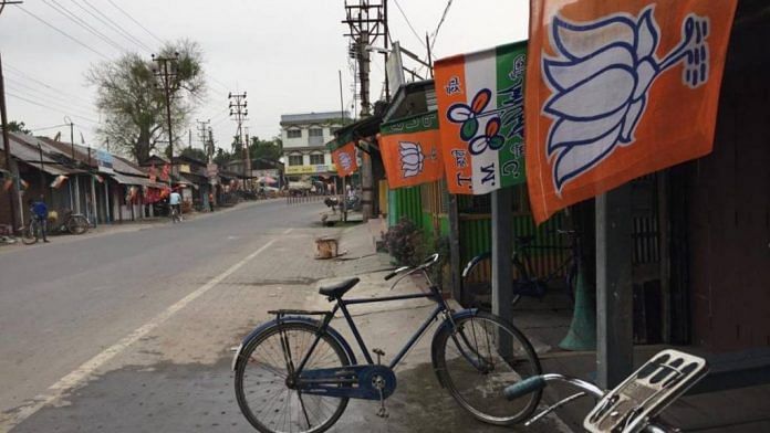 Trinamool Congress and Bharatiya Janata Party flags on display in West Bengal (representational image) | Moushumi Das Gupta | ThePrint File Photo