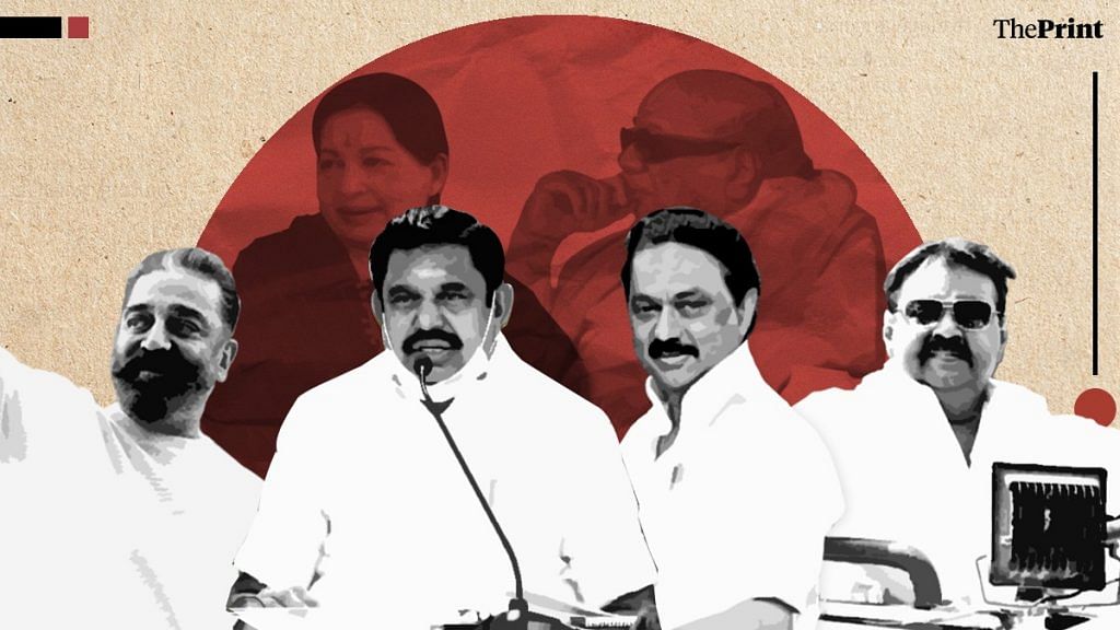 MNM's Kamal Haasan, Tamil Nadu Chief Minister Edappadi K Palaniswami, DMK chief Stalin and DMDK chief Vijayakanth Background: Former CMs J Jayalalithaa and M Karunanidhi | Image by Ramandeep Kaur | ThePrint