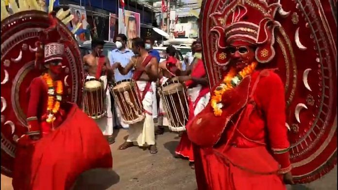 Theyyam dancers at CPI(M) general secretary Sitaram Yechury's roadshow near Thiruvananthapuram | Photo: Jyoti Malhotra