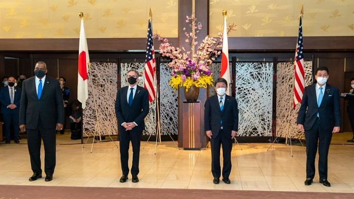 (L-R) US Secretary of Defense Lloyd Austin and US Secretary of State Antony Blinken with their Japanese counterparts, Defence Minister Nobuo Kishi and Foreign Minister Toshimitsu Motegi in Tokyo Tuesday | Twitter | @SecBlinken