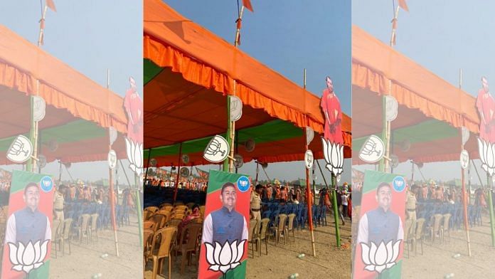 Cut-outs of BJP leader Suvendu Adhikari and Uttar Pradesh CM Yogi Adityanath ahead of the latter's rally in Nandigram Thursday | Madhuparna Das | ThePrint