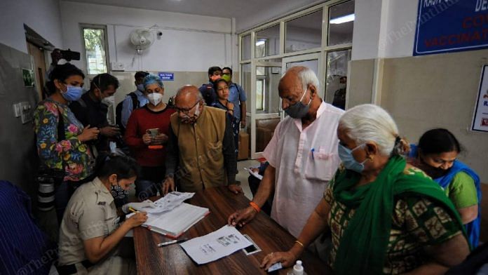 Second priority vaccine recipients wait to receive their shot at the Rajiv Gandhi hospital in New Delhi on 1 March 2021 | Suraj Singh Bisht | ThePrint