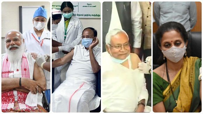 PM Narendra Modi, Vice President Venkaiah Naidu, Bihar CM Nitish Kumar and NCP MP Supriya Sule receive the first of the two-shot Covid-19 vaccine on 1 March | Images from Twitter, ANI