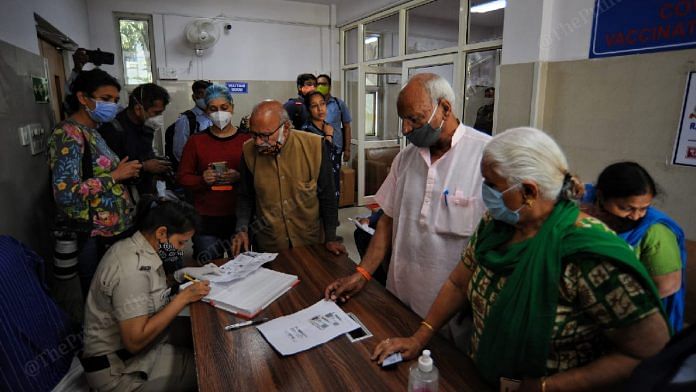 Representative image | File photo of the elderly registering for the Covid vaccine at the Rajiv Gandhi Super Speciality Hospital in Delhi | Photo: Suraj Singh Bisht/ThePrint