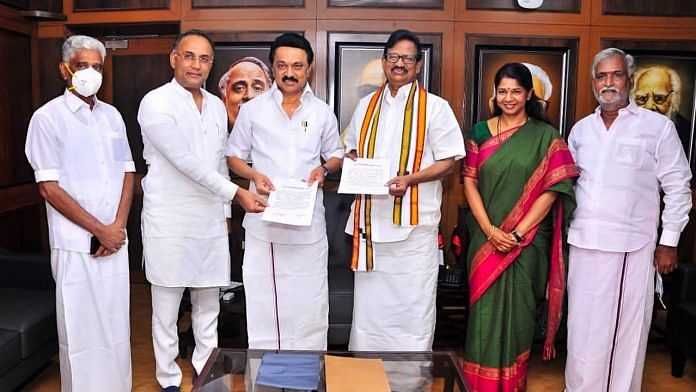 DMK President MK Stalin and Tamil Nadu Congress Committee President K.S. Alagiri after signing seat-sharing agreement for Tamil Nadu Assembly polls, at Anna Arivalayam, in Chennai, on 7 March 2021