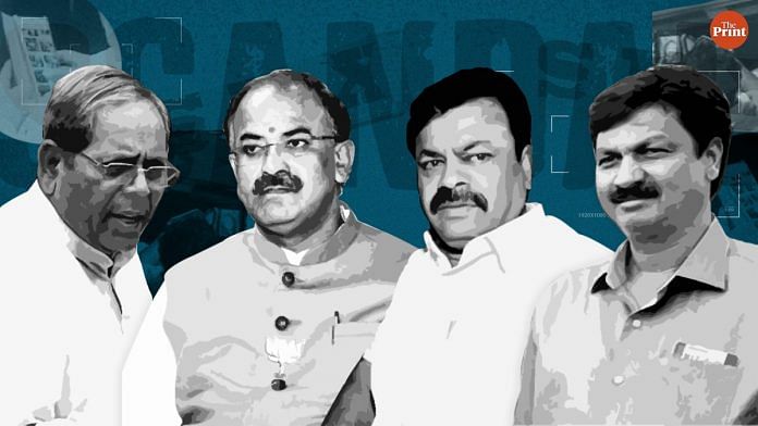 (From left) Karnataka politicians H.Y. Meti, Arvind Limbavali, M.P. Renukacharya, Ramesh Jarkiholi | Illustration: Ramandeep Kaur