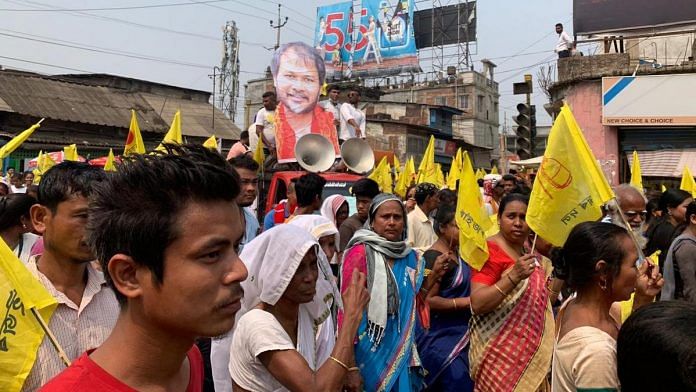 Akhil Gogoi's supporters led by his mother and workers from Raijor Dol, Assam Jatiya Parishad and KMSS, take out a rally in Sivasagar this Wednesday | Photo: Karishma Hasnat | ThePrint