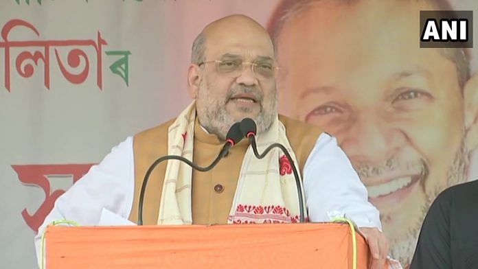 Union Home Minister Amit Shah addresses an election campaign for the upcoming assembly polls in Assam, on 26 March 2021 | Twitter/@ANI