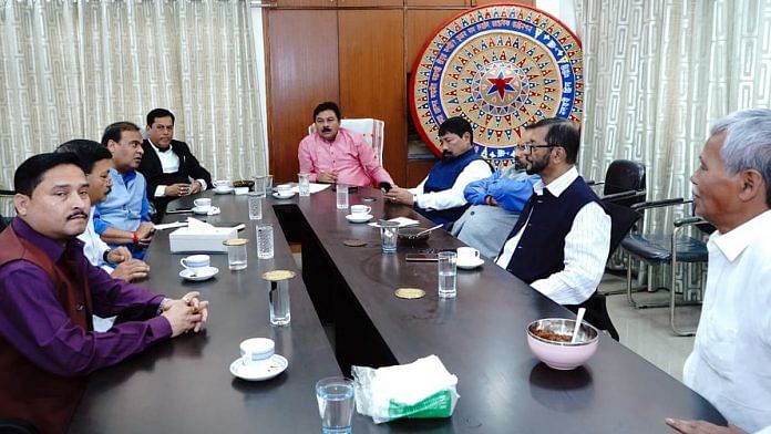 Assam Chief Minister Sarbananda Sonowal, Finance Minister Himanta Biswa Sarma and other BJP leaders hold a meeting with AGP president Atul Bora and others over seat-sharing, in Guwahati on 1 March. | Photo: ANI