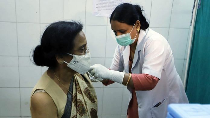 BJP Lok Sabha MP from Prayagraj, Rita Bhuguna Joshi gets her first dose of Covid-19 vaccine in the city on 1 March 2021. | Photo: ANI
