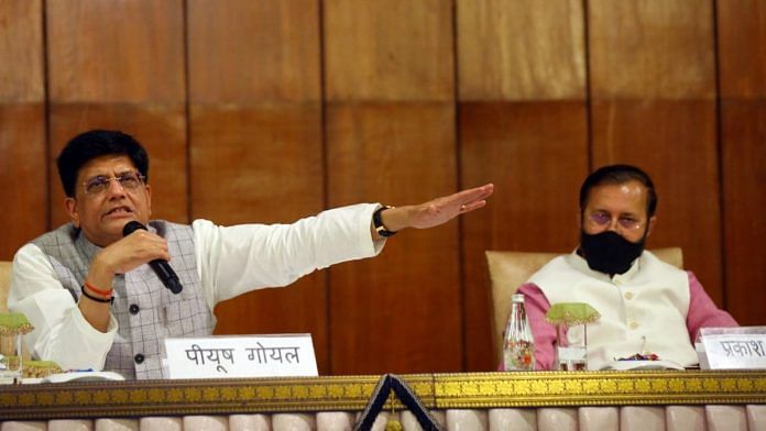 Union ministers Piyush Goyal and Prakash Javadekar address a media briefing about the Cabinet decisions taken Wednesday | Suraj Singh Bisht | ThePrint