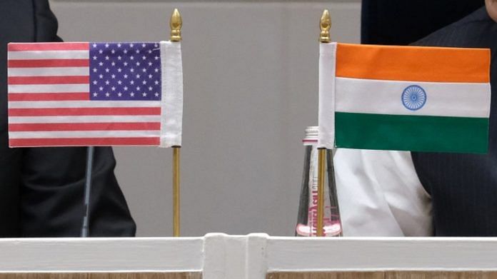 India and US flags seen during a news conference at Vigyan Bhawan in New Delhi | Bloomberg Photo