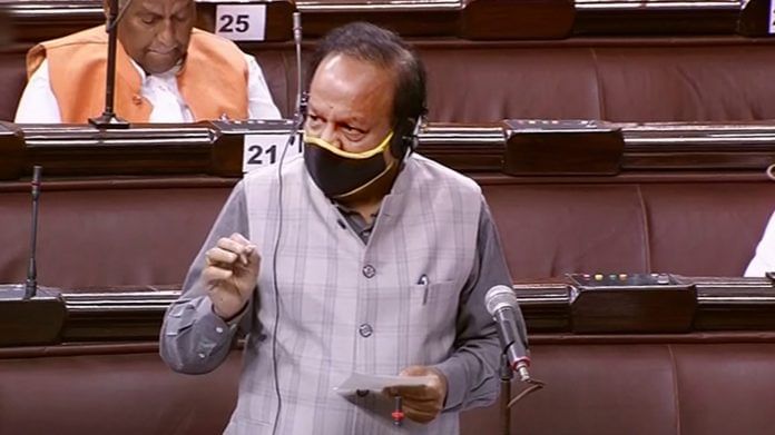 Union Health Minister Dr. Harsh Vardhan speaks in the Rajya Sabha, during the Budget Session of Parliament, in New Delhi, Tuesday, March 16, 2021. | PTI