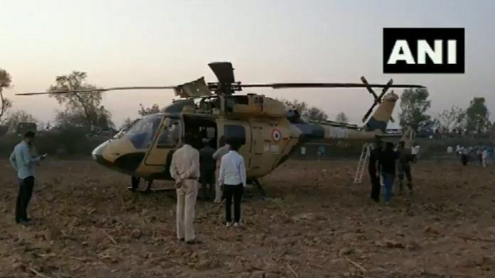 A screengrab showing the Dhruv helicopter at the site of its emergency landing in Gujarat Saturday | Twitter | @ANI