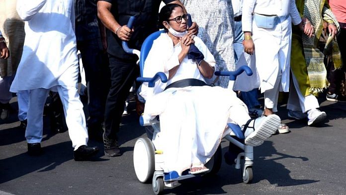 Mamata Banerjee during a roadshow in Kolkata, on 14 March 2021