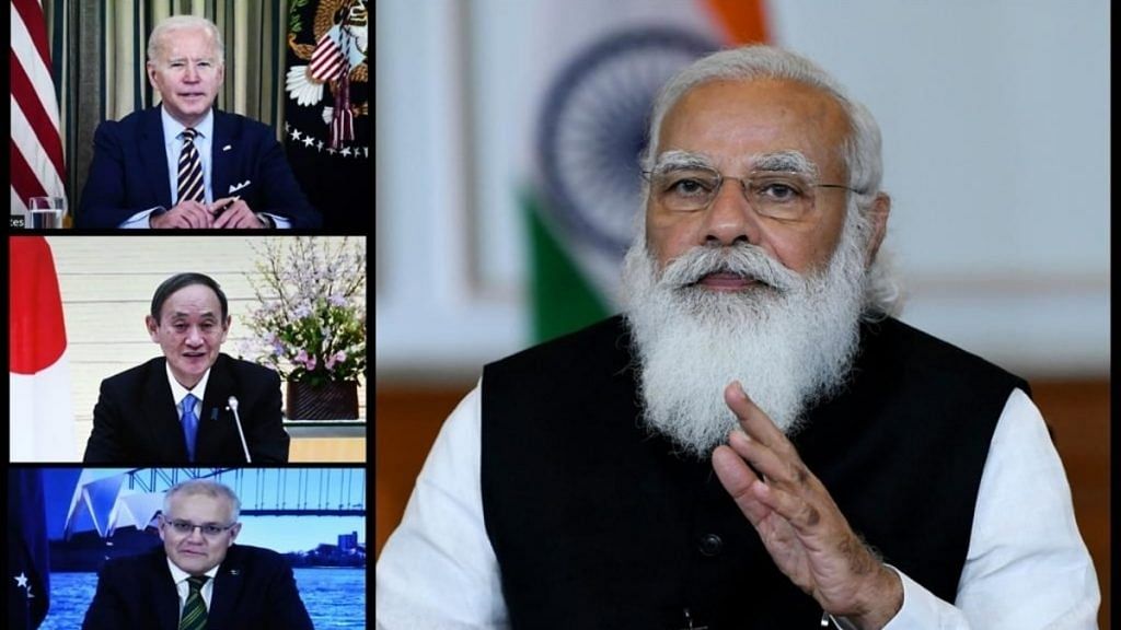 Prime Minister Narendra Modi during the first Quad Leaders’ Virtual Summit with US President Joe Biden, Australian PM Scott Morrison and Japanese PM Yoshihide Suga, in New Delhi on 12 March. | Photo: ANI