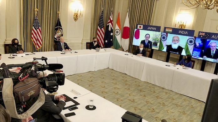US President Joe Biden interacts with Indian Prime Minister Narendra Modi, Australian PM Scott Morrison and Japanese PM Yoshihide Suga, during a virtual QUAD summit, on 12 March 2021 | PTI Photo
