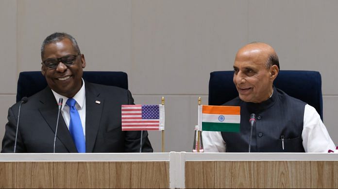 US Secretary of Defence Lloyd Austin and , India's defense minister Rajnath Singh during a joint news conference at Vigyan Bhawan in New Delhi on 20 March 2021